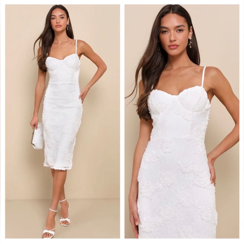 Sultry Romantic White Lace Textured Bustier Bodycon Midi Dress